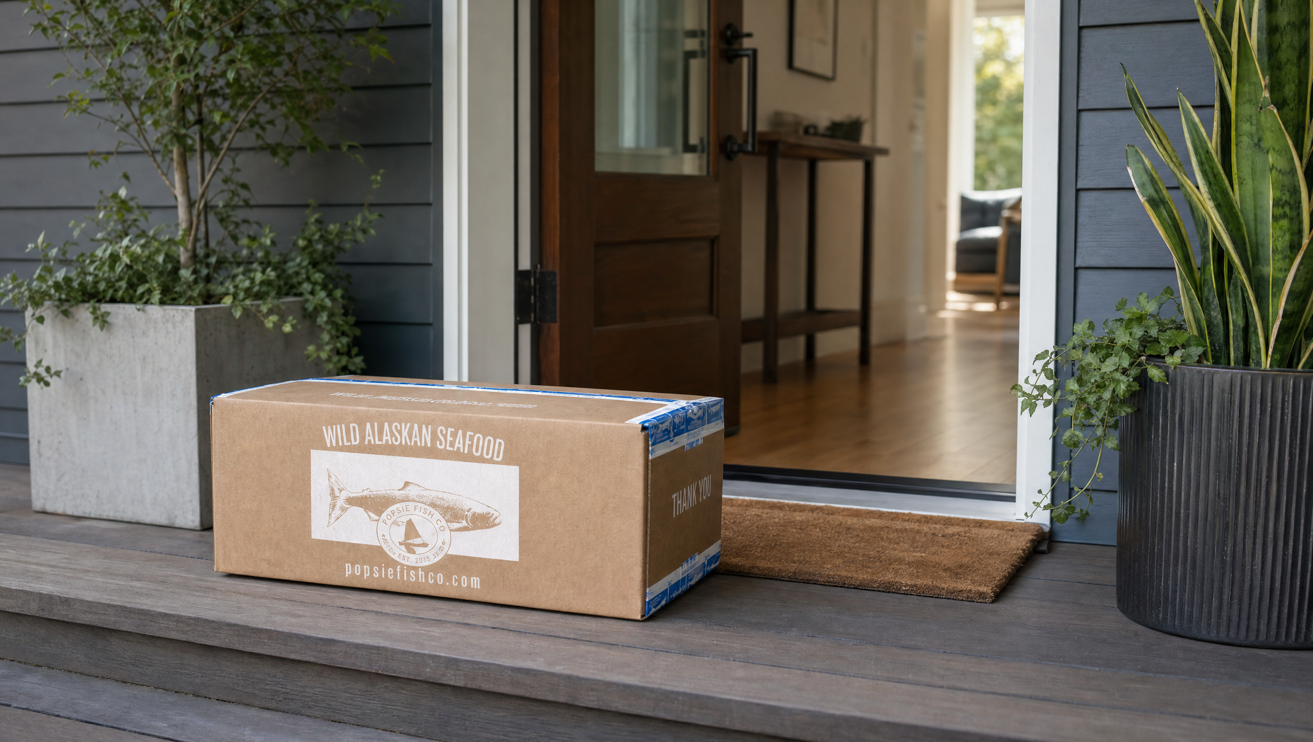 Popsie Fish Co shipping box on customer's front porch