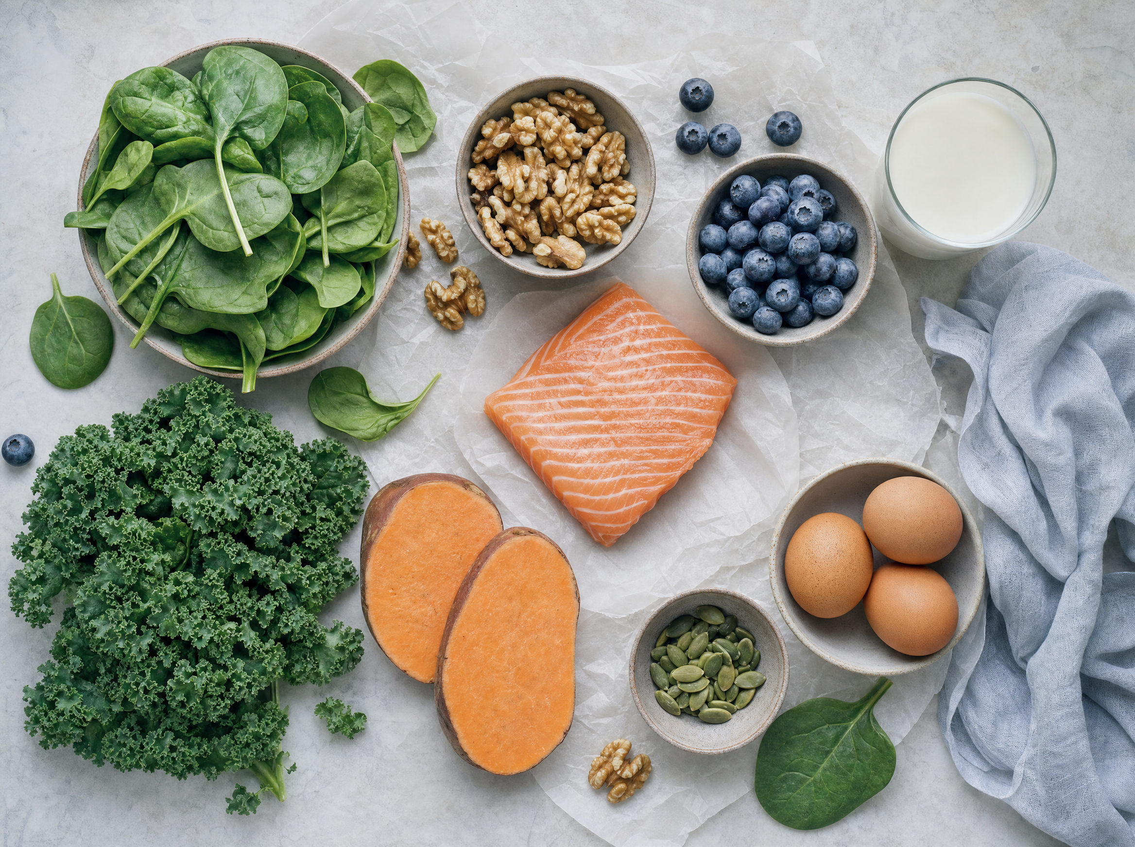 Prenatal nutrition flat lay with salmon and whole foods