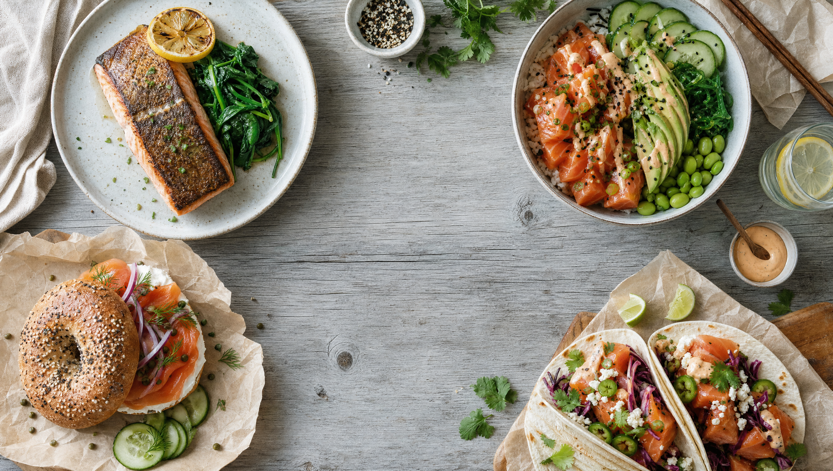 Multi-recipe salmon spread flat lay
