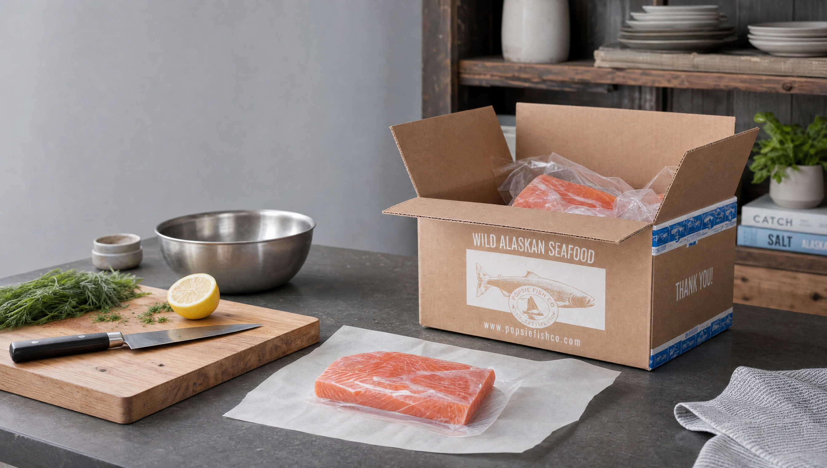 Modern kitchen with Popsie Fish Co box and ingredients