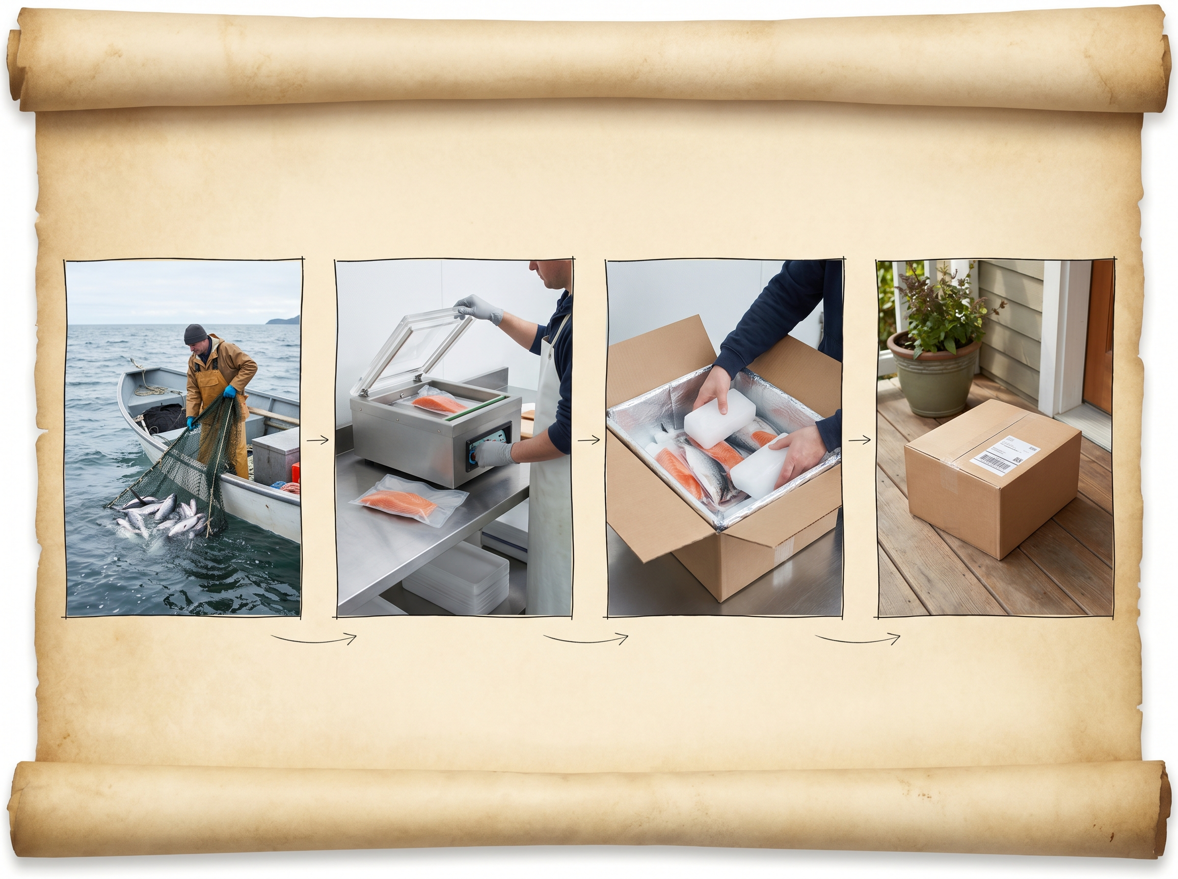 Salmon journey from boat to processing to package to door