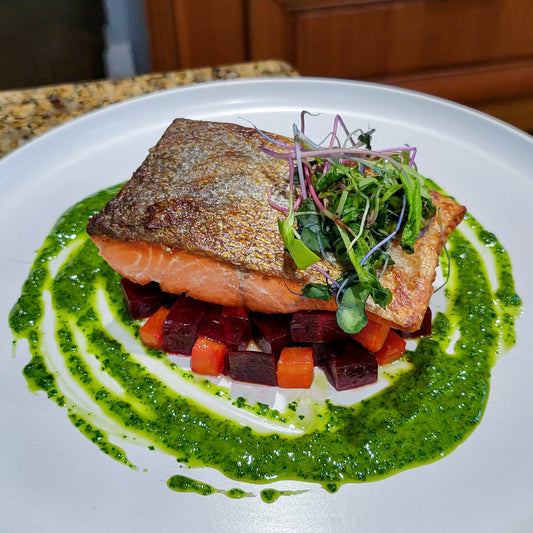 Pan Seared Sockeye Salmon with Arugula and Parsley Sauce