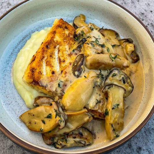 Pan Seared Halibut with Mushroom Cream Sauce