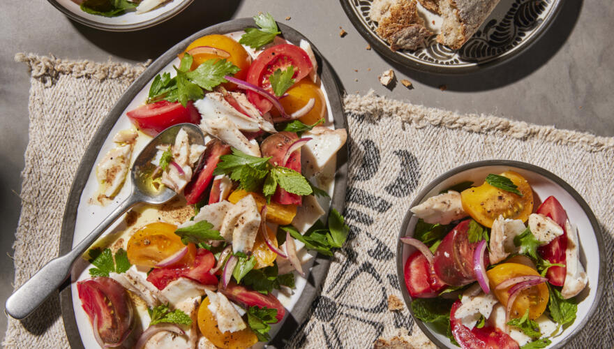 Tomato and Mint Salad with Poached Alaska Halibut