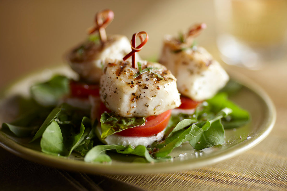 Alaska Halibut Caprese Salad Bites