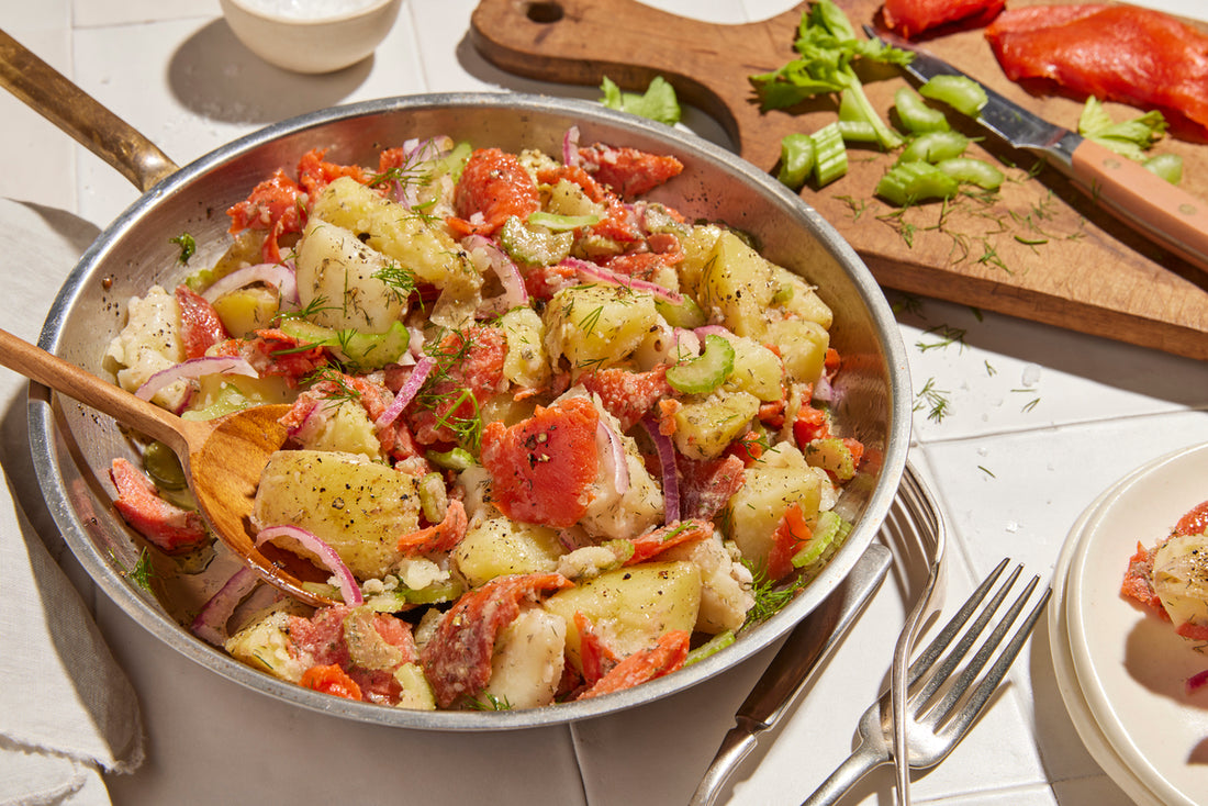 German-Style Potato Salad with Smoked Salmon in a pot