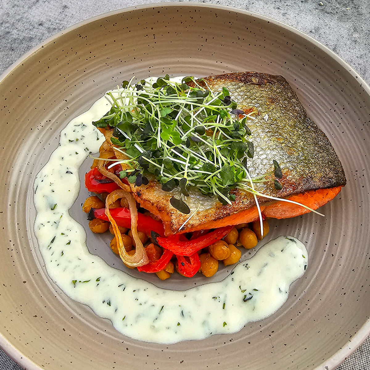Sockeye Salmon with Crispy Chickpeas and Herb Cream Sauce