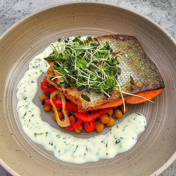 Sockeye Salmon with Crispy Chickpeas and Herb Cream Sauce