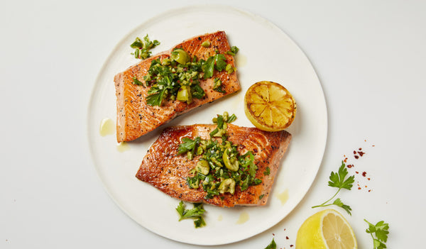 Seared Alaska Salmon with Green Olive Salsa Verde