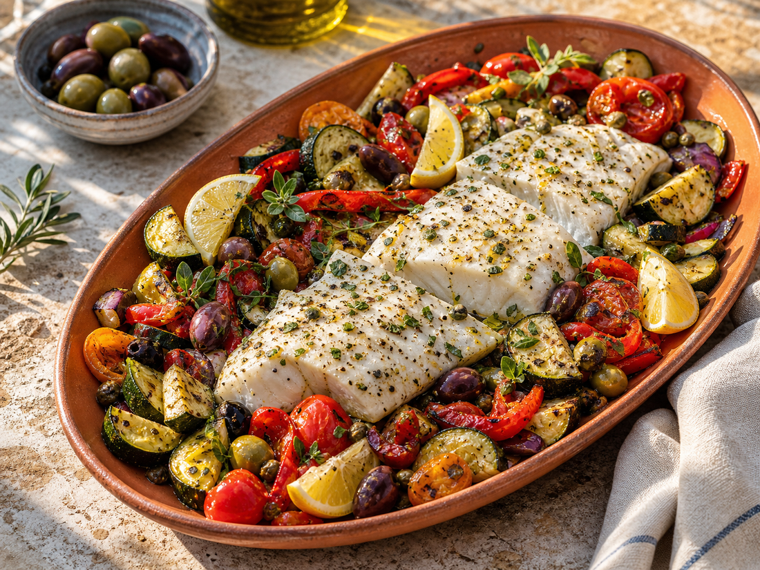 Mediterranean Diet Halibut with Vegetables