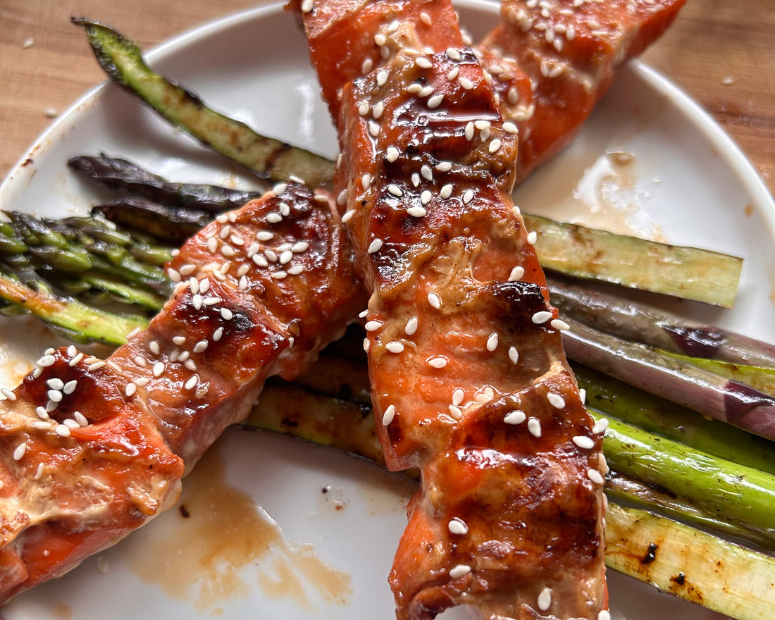 wild caught alaskan Sockeye salmon honey soy glazed skewers