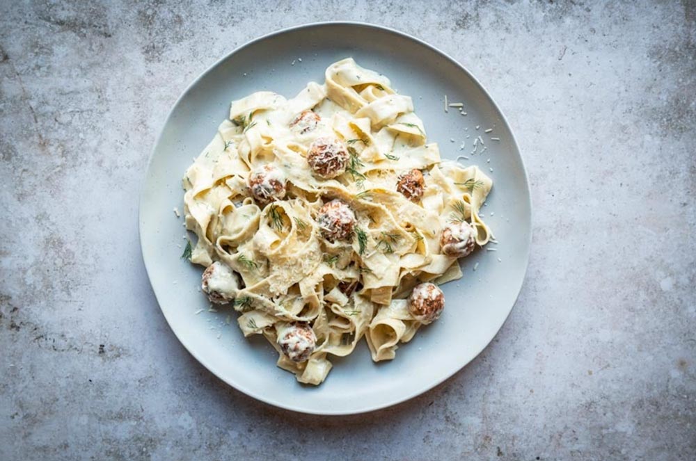 Ground Sockeye Salmon Mince with Wild Alaskan Salmon Meatballs and Alfredo Sauce over Pasta