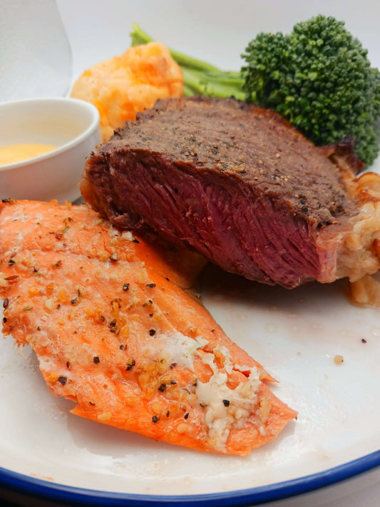 Wild-Caught Sockeye Salmon, Grass-Fed Aged RIbeye Steak