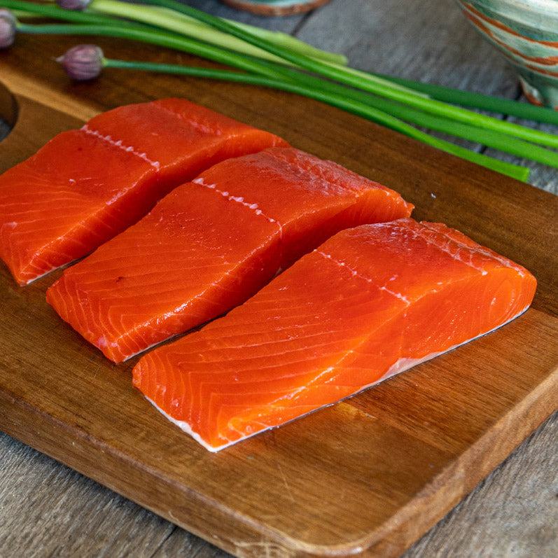 Sashimi Grade Wild Alaskan Salmon Fillets on Alder Plank