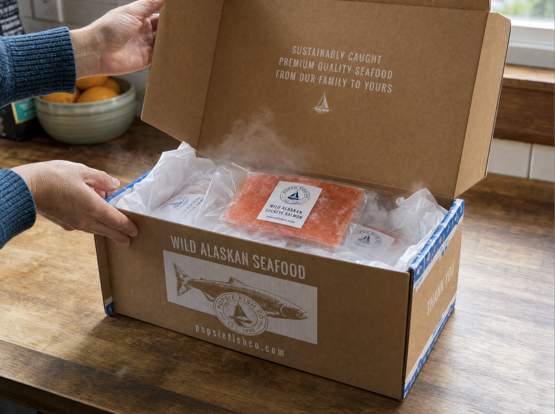 Unboxing Popsie shipping box revealing frozen salmon and dry ice