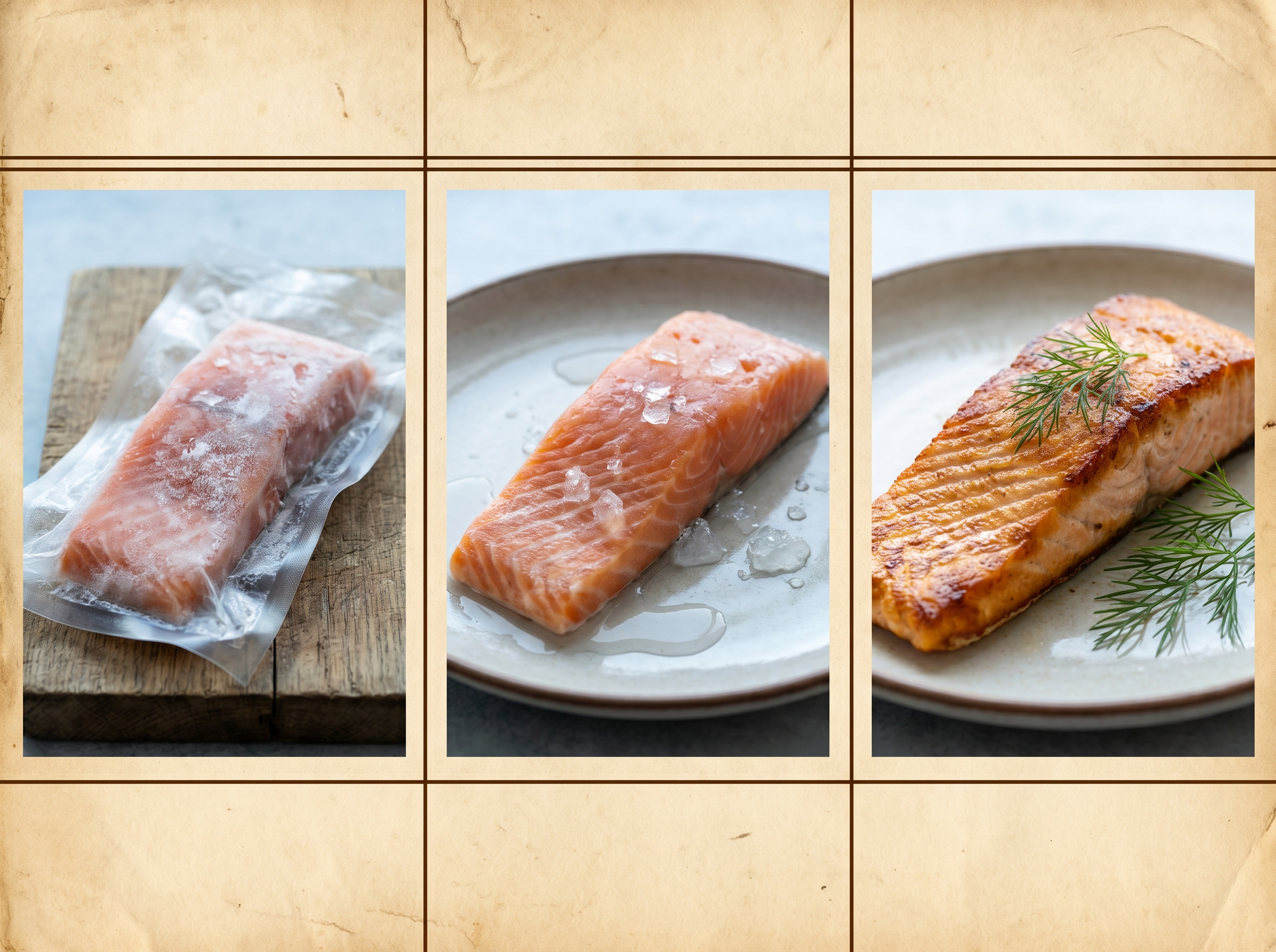 Frozen to thawed to cooked salmon progression