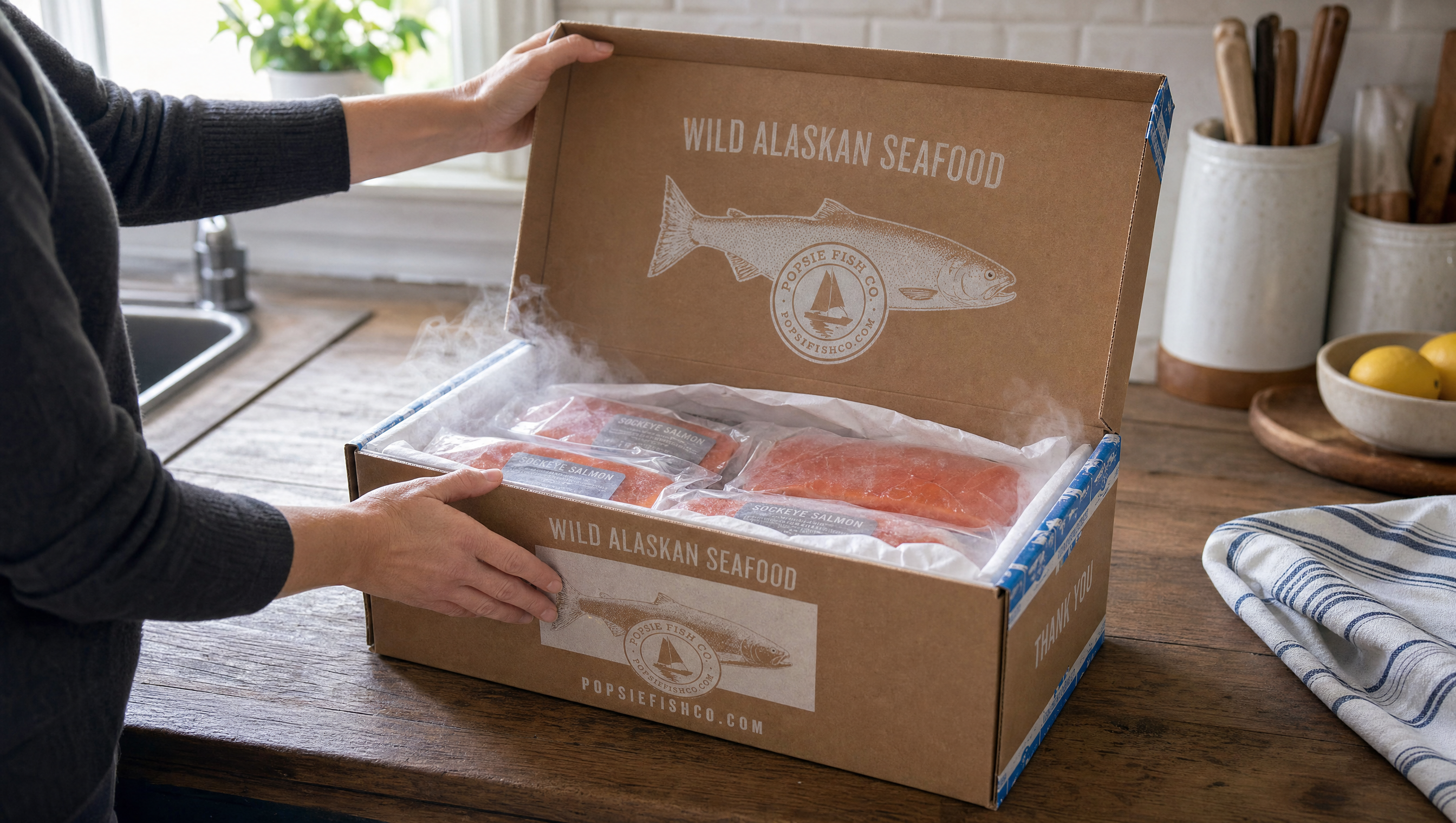 Opening Popsie Fish Co box with frozen vacuum-packed salmon portions