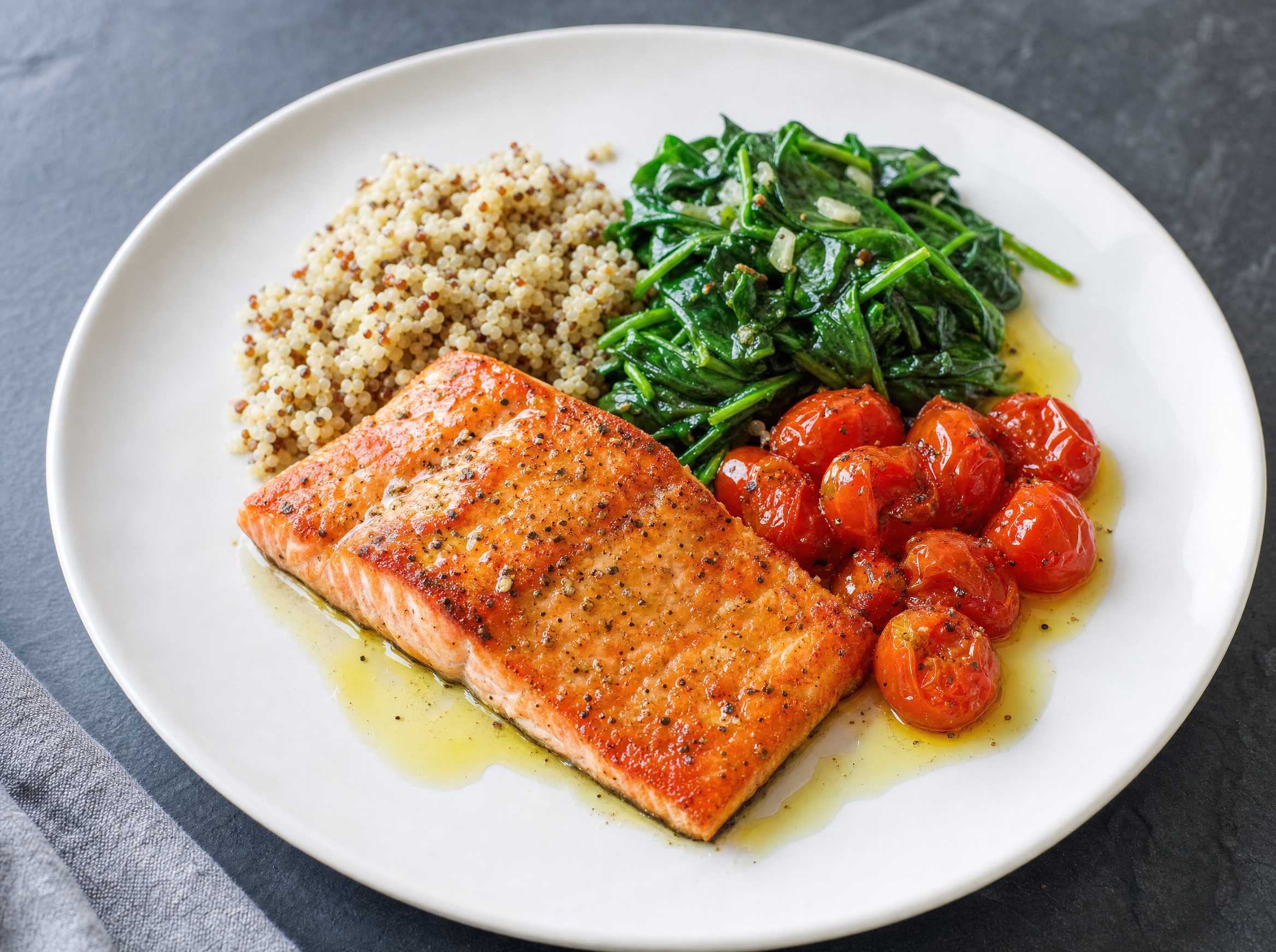 Heart-healthy salmon plate with greens and quinoa