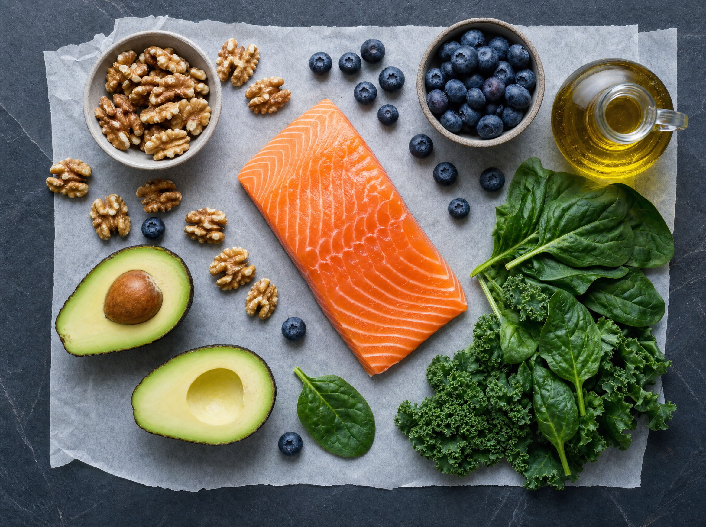 Brain-healthy foods flat lay with salmon walnuts blueberries