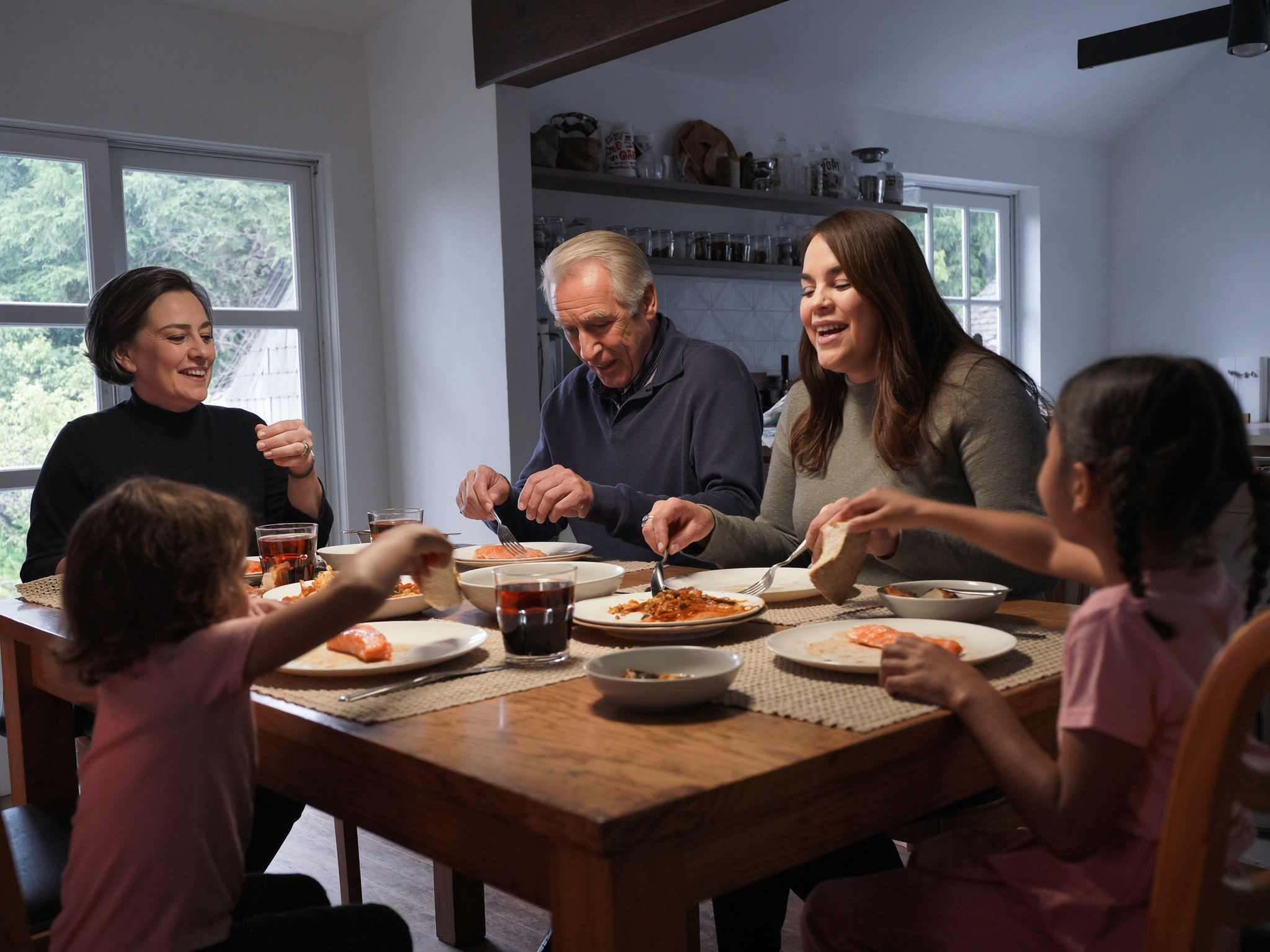Family sharing salmon dinner at wooden table