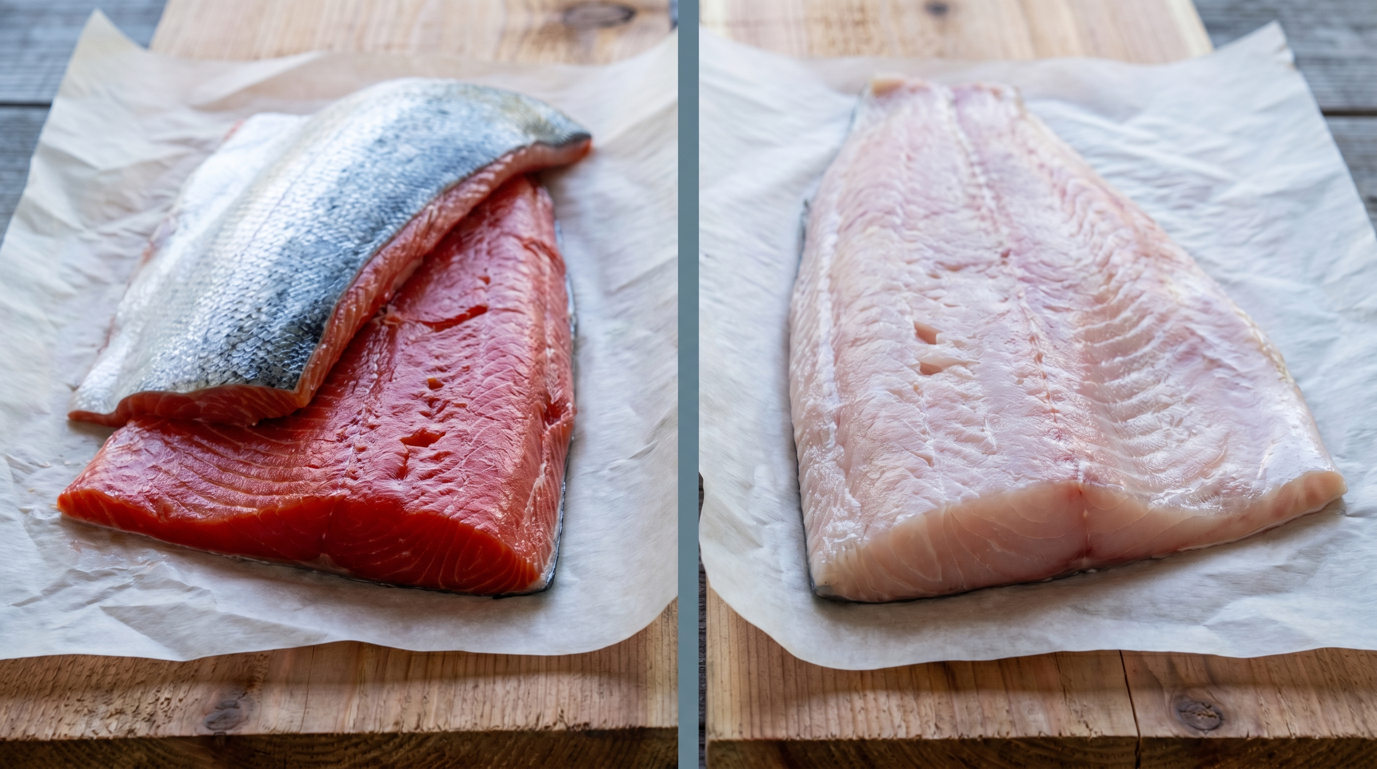 Wild Alaskan salmon fillet next to larger predator fish fillet