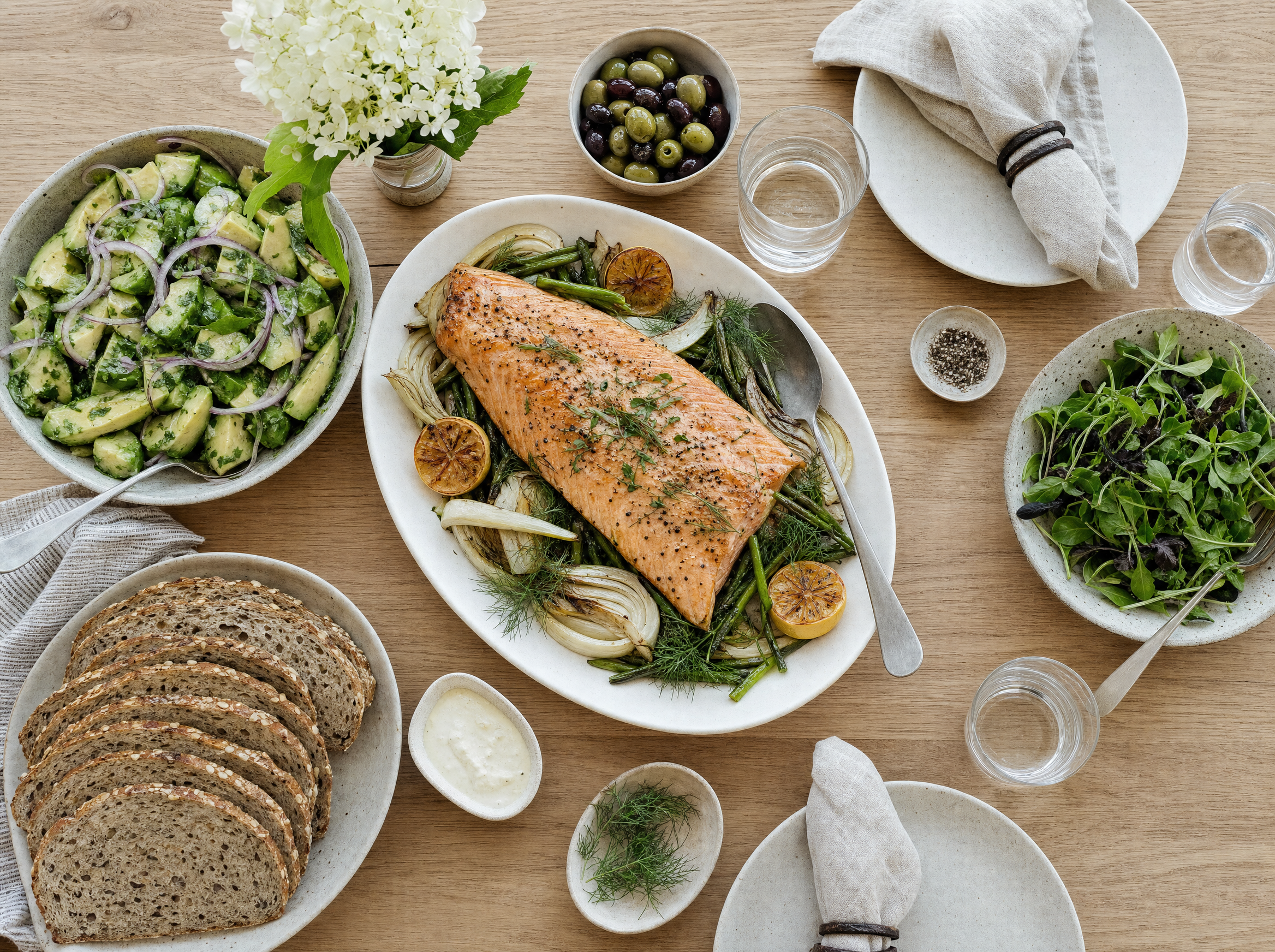 Family dinner spread with salmon and healthy fats