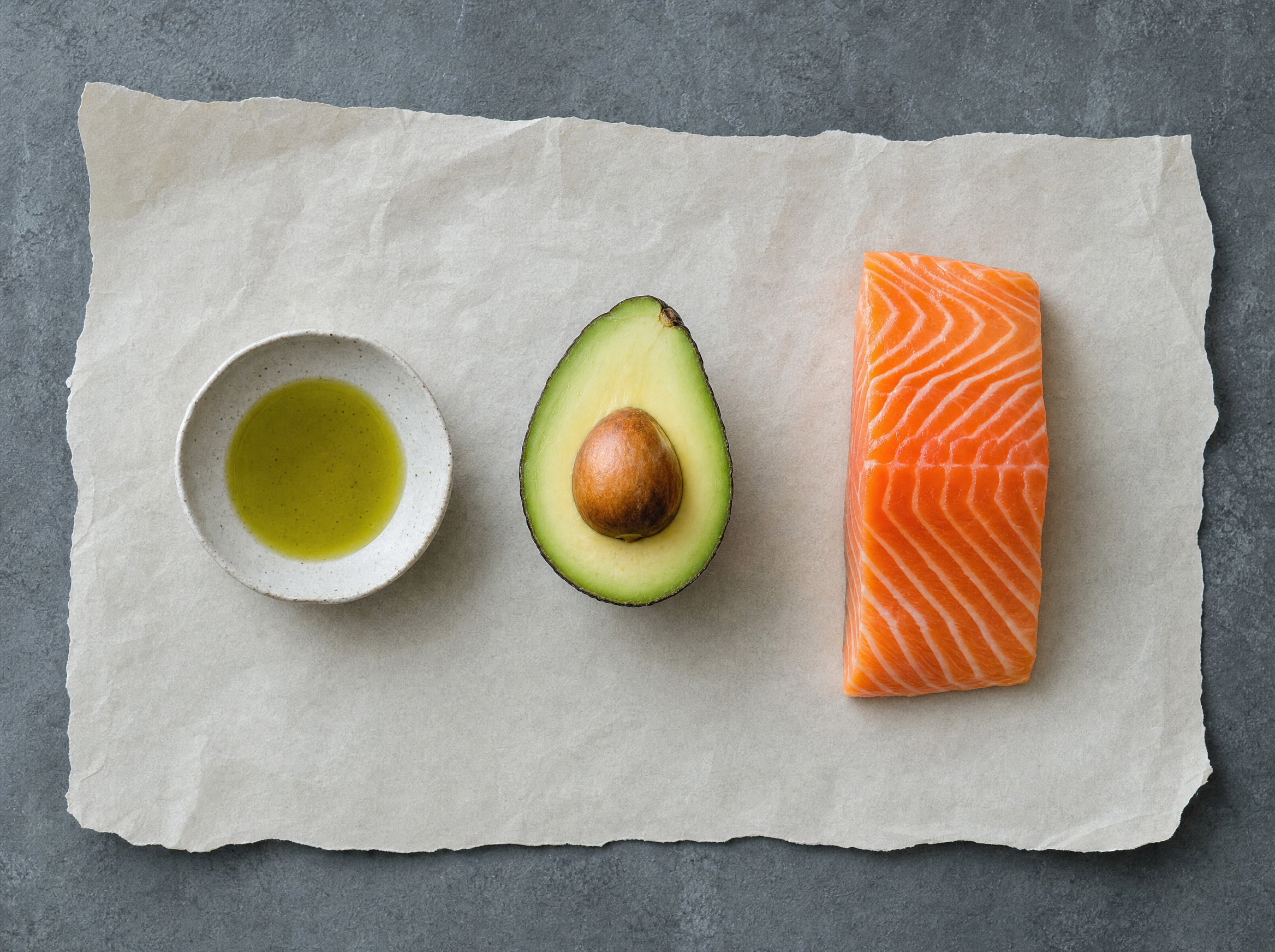 Healthy fats trio: olive oil avocado salmon