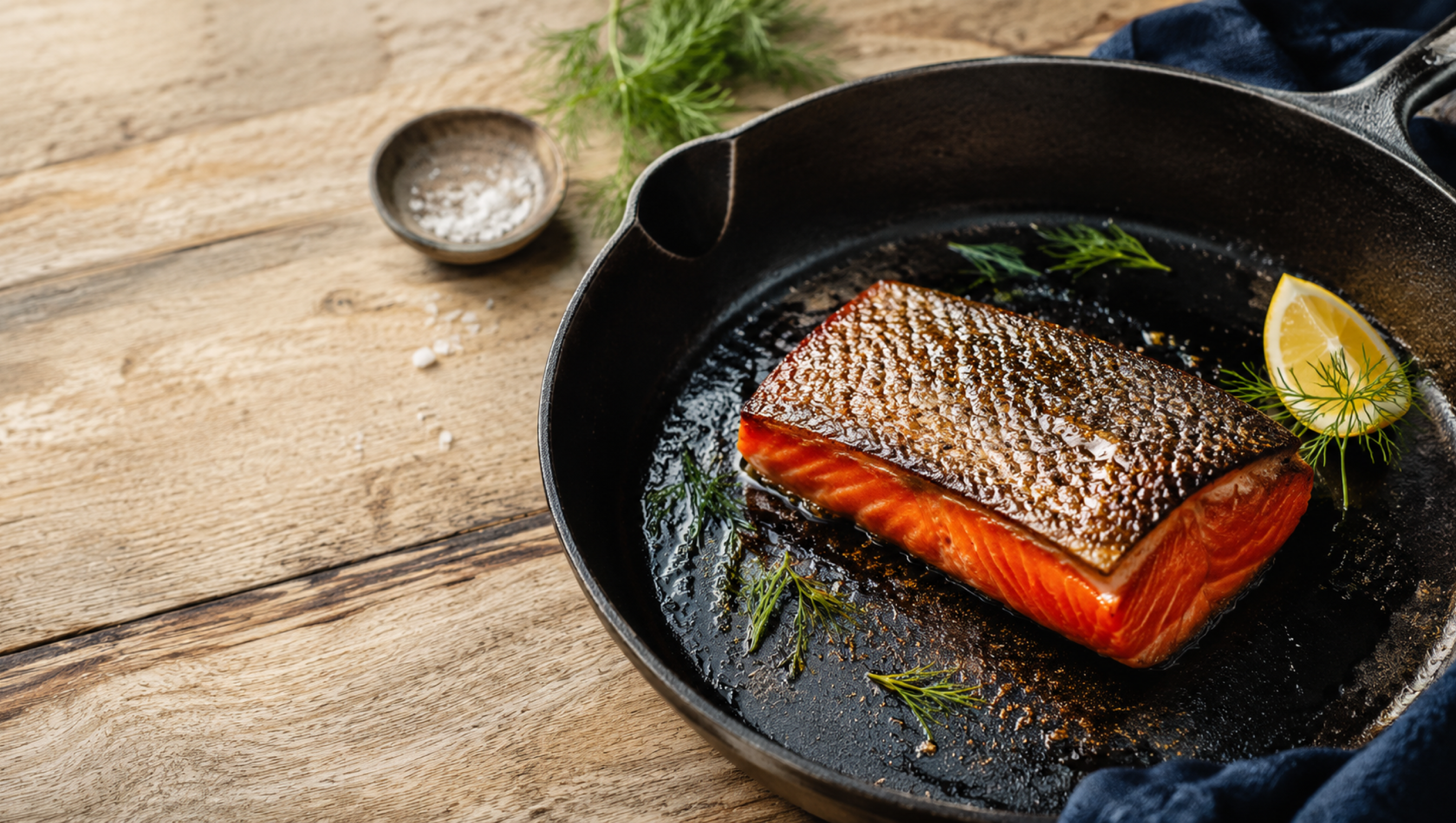 Crispy-skin wild sockeye salmon fillet on a cast iron pan