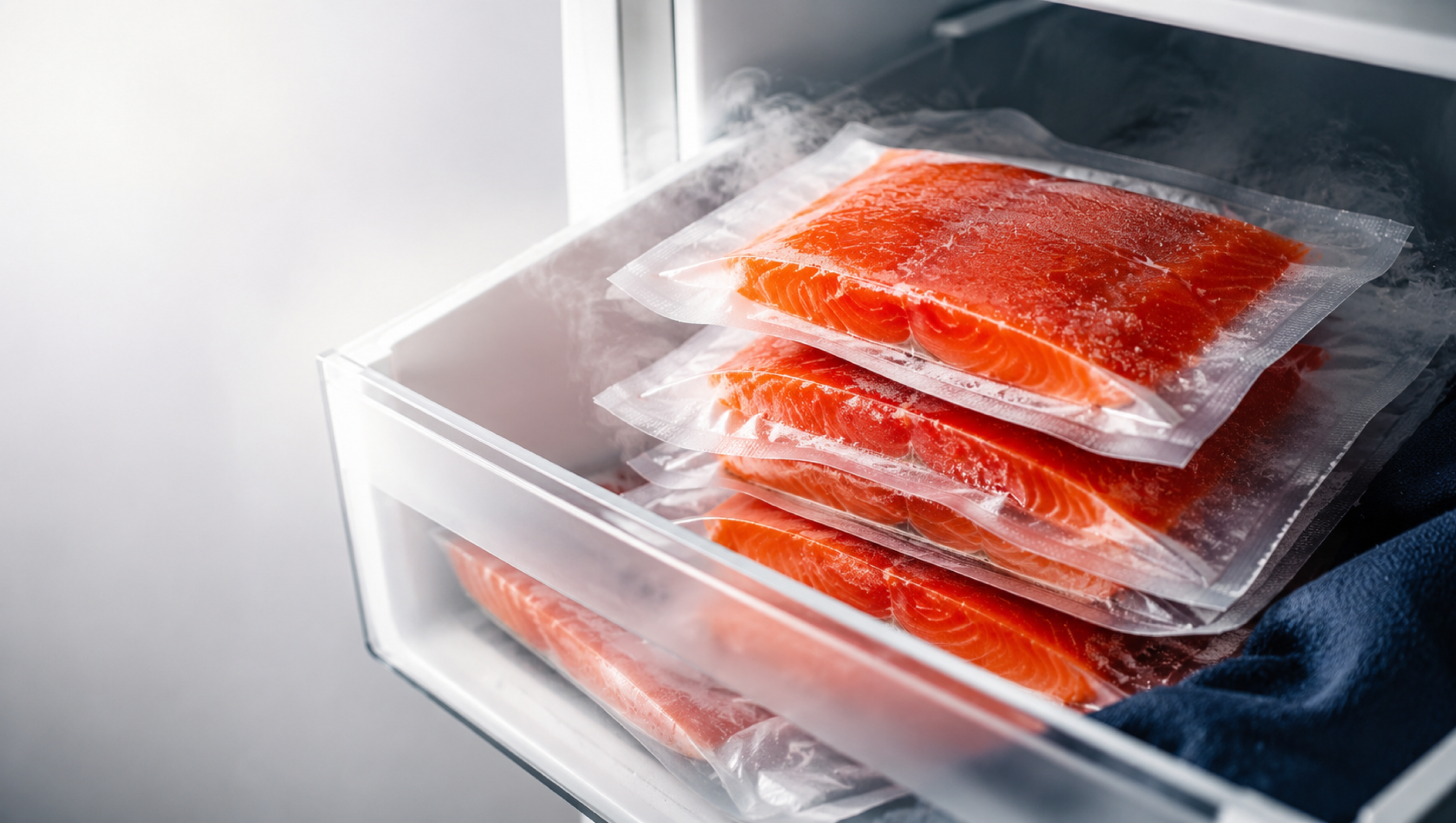Vacuum-sealed wild salmon portions stacked in a clean freezer