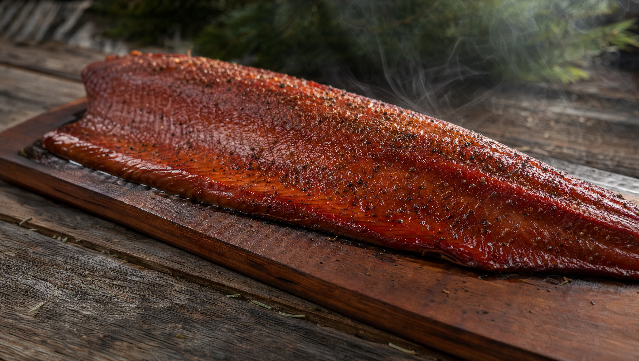 Smoked sockeye salmon on cedar plank